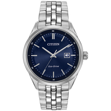 Gents Citizen Watch BM7251-53L. This watch is shown with a stainless steel case and band and a blue dial with a date window. Features include: Eco-Drive technology, sapphire crystal, and up to 100 meter water resistance. 