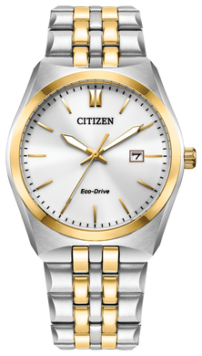 Gents Citizen Watch BM7337-58B. This Corso model is shown in a two tone gold and stainless steel case and band with a silver dial and date window. Features include: Eco-Drive technology and water resistance up to 100 meters.