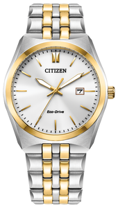 Gents Citizen Watch BM7337-58B. This Corso model is shown in a two tone gold and stainless steel case and band with a silver dial and date window. Features include: Eco-Drive technology and water resistance up to 100 meters.