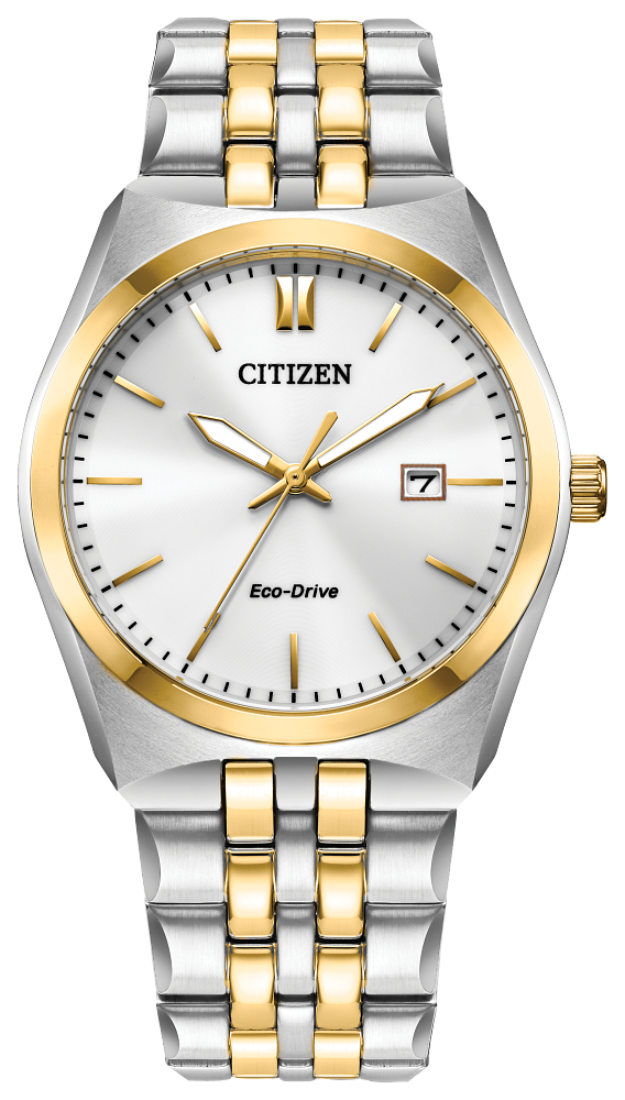 Gents Citizen Watch BM7337-58B. This Corso model is shown in a two tone gold and stainless steel case and band with a silver dial and date window. Features include: Eco-Drive technology and water resistance up to 100 meters.