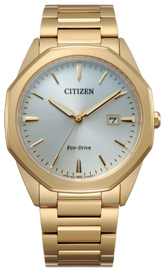 Gents Citizen Watch BM7492-57A. This Corso model is shown in a gold tone stainless steel case and band with an octagon shaped case and a silver dial. Features include: Eco-Drive technology, sapphire crystal, and up to 100 meter water resistance.