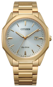 Gents Citizen Watch BM7492-57A. This Corso model is shown in a gold tone stainless steel case and band with an octagon shaped case and a silver dial. Features include: Eco-Drive technology, sapphire crystal, and up to 100 meter water resistance.