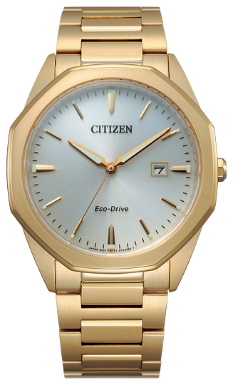 Gents Citizen Watch BM7492-57A. This Corso model is shown in a gold tone stainless steel case and band with an octagon shaped case and a silver dial. Features include: Eco-Drive technology, sapphire crystal, and up to 100 meter water resistance.