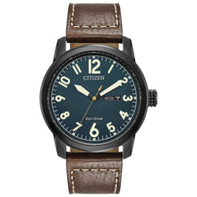 Load image into Gallery viewer, Gents Citizen Watch BM8478-01L. This military inspired piece is shown in a black ion-plated stainless steel case, dark brown strap with contrast stitching, and a teal dial with a day and date window. Features include: Eco-Drive technology, luminous hands and markers, and up to 100 meter water resistance. 
