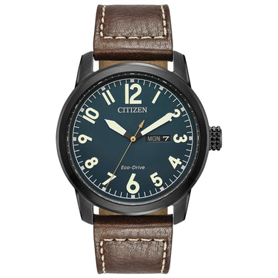 Gents Citizen Watch BM8478-01L. This military inspired piece is shown in a black ion-plated stainless steel case, dark brown strap with contrast stitching, and a teal dial with a day and date window. Features include: Eco-Drive technology, luminous hands and markers, and up to 100 meter water resistance. 