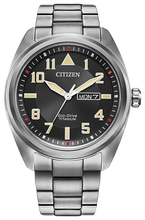 Load image into Gallery viewer, Gents Citizen Watch BM8560-53E. This Garrison model is shown in a Super Titanium™ case and band and a black dial with a day and date window. Features include: Eco-Drive technology, sapphire crystal, and water resistance up to 100 meters. 
