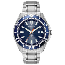 Load image into Gallery viewer, Gents Citizen Watch BN0191-55L. This ISO-compliant Promaster Diver model is shown in a stainless steel case and band and an azure blue dial with a date window. Features include: Eco-Drive technology, mineral crystal, and water resistance up to 200 meters. 
