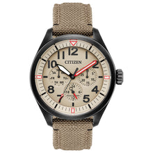 Load image into Gallery viewer, Gents Citizen Watch BU2055-08X. This Chandler model is shown in a black ion-plated stainless steel case, tan Cordura® strap, and a sand colored dial. Features include: Eco-Drive technology, luminous hands and markers, mineral crystal, and water resistance up to 100 meters.
