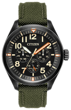 Load image into Gallery viewer, Gents Citizen Watch BU2055-16E. This Chandler model is shown in a black ion-plated stainless steel case with a dark green Cordura® strap and a black dial. Features include: Eco-Drive technology, luminous hands and markers, mineral crystal, and up to 100 meter water resistance.
