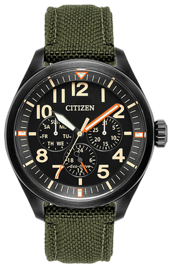 Gents Citizen Watch BU2055-16E. This Chandler model is shown in a black ion-plated stainless steel case with a dark green Cordura® strap and a black dial. Features include: Eco-Drive technology, luminous hands and markers, mineral crystal, and up to 100 meter water resistance.