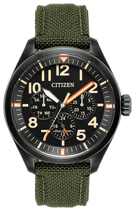 Gents Citizen Watch BU2055-16E. This Chandler model is shown in a black ion-plated stainless steel case with a dark green Cordura® strap and a black dial. Features include: Eco-Drive technology, luminous hands and markers, mineral crystal, and up to 100 meter water resistance.