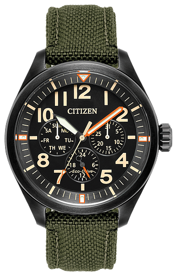 Gents Citizen Watch BU2055-16E. This Chandler model is shown in a black ion-plated stainless steel case with a dark green Cordura® strap and a black dial. Features include: Eco-Drive technology, luminous hands and markers, mineral crystal, and up to 100 meter water resistance.