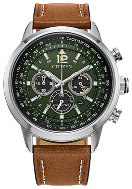 Gents Citizen Watch CA4477-08X. This Avion model is shown in a brown strap with a stainless steel case and green dial with a date window. Features include: Eco-Drive technology and water resistance up to 100 meters. 