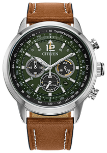 Gents Citizen Watch CA4477-08X. This Avion model is shown in a brown strap with a stainless steel case and green dial with a date window. Features include: Eco-Drive technology and water resistance up to 100 meters. 