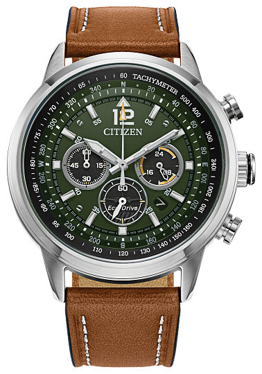 Gents Citizen Watch CA4477-08X. This Avion model is shown in a brown strap with a stainless steel case and green dial with a date window. Features include: Eco-Drive technology and water resistance up to 100 meters. 