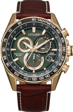 Load image into Gallery viewer, Gents Citizen Watch CB5919-00X. This PCAT model is shown in a rose-gold tone case, a brown leather band, and a green dial with a date window. Features include: Eco-Drive technology, atomic timekeeping, perpetual calendar, sapphire crystal and water resistance up to 200 meters. 
