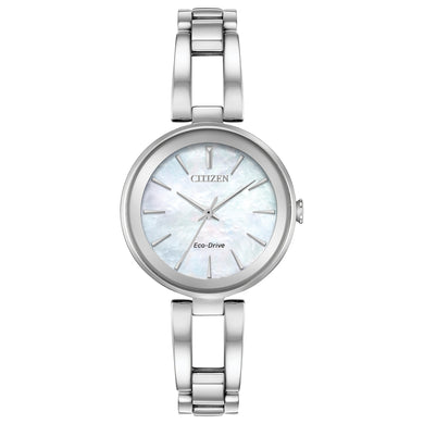Ladies Citizen Watch EM0630-51D. This sleek Axiom model is shown in a stainless steel case and band with a white mother of pearl dial. Features include: Eco-Drive technology, mineral crystal, and water resistance up to 30 meters.