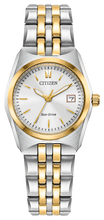 Load image into Gallery viewer, Ladies Citizen Watch EW2299-50A. This Corso model is shown in a two tone case and band and a white dial with a date window. Features include: Eco-Drive technology, mineral crystal, and water resistance up to 100 meters.

