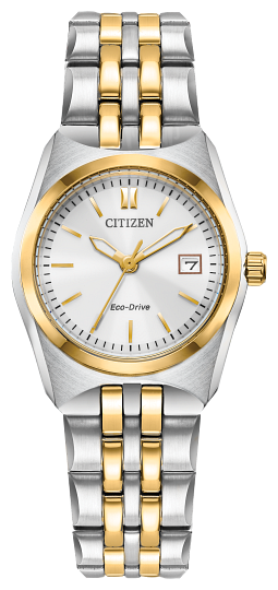 Ladies Citizen Watch EW2299-50A. This Corso model is shown in a two tone case and band and a white dial with a date window. Features include: Eco-Drive technology, mineral crystal, and water resistance up to 100 meters.