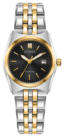 Ladies Citizen Watch EW2299-50E. This Corso model is shown in a two tone case and band and a black dial with a date window. Features include: Eco-Drive technology, mineral crystal, and up to 100 meter water resistance. 