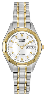 Ladies Citizen Watch EW3144-51A. This Corso model is shown in a two-tone stainless steel case and band and a white dial with a day and date window. Features include: Eco-Drive technology, luminous hands and markers, mineral crystal, and up to 100 meter water resistance.