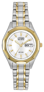 Ladies Citizen Watch EW3144-51A. This Corso model is shown in a two-tone stainless steel case and band and a white dial with a day and date window. Features include: Eco-Drive technology, luminous hands and markers, mineral crystal, and up to 100 meter water resistance.