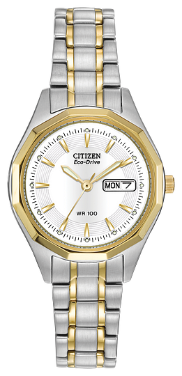 Ladies Citizen Watch EW3144-51A. This Corso model is shown in a two-tone stainless steel case and band and a white dial with a day and date window. Features include: Eco-Drive technology, luminous hands and markers, mineral crystal, and up to 100 meter water resistance.