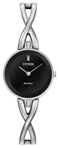 Ladies Citizen Watch EX1420-50E. This Axiom model is shown in a stainless steel case and band with a black dial. Features include: Eco-Drive technology and up to 30 meter water resistance. 