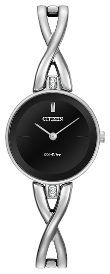 Ladies Citizen Watch EX1420-50E. This Axiom model is shown in a stainless steel case and band with a black dial. Features include: Eco-Drive technology and up to 30 meter water resistance. 