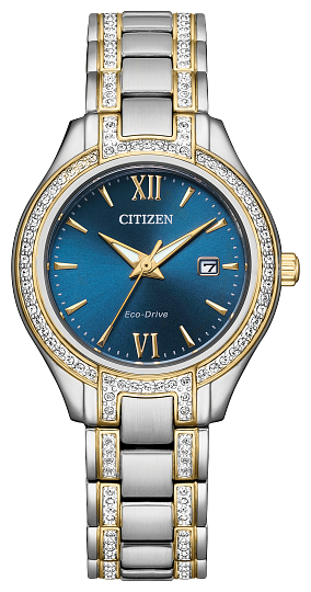 Ladies Citizen Watch FE1234-50L. This Silhouette model is shown in a two tone case and band with crystal accent and a blue dial and a date window. Features include: Eco-Drive technology.