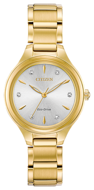  Gents Citizen Watch FE2102-55A. This Corso model is shown in a gold tone case and band with a silver-white dial. Features include: Eco-Drive technology, mineral crystal, diamond accent, and water resistance up to 30 meters. 