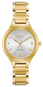  Gents Citizen Watch FE2102-55A. This Corso model is shown in a gold tone case and band with a silver-white dial. Features include: Eco-Drive technology, mineral crystal, diamond accent, and water resistance up to 30 meters. 