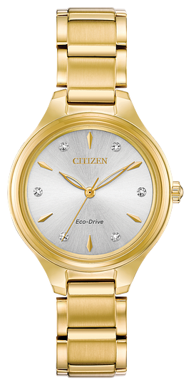  Gents Citizen Watch FE2102-55A. This Corso model is shown in a gold tone case and band with a silver-white dial. Features include: Eco-Drive technology, mineral crystal, diamond accent, and water resistance up to 30 meters. 