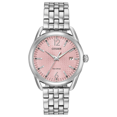  Ladies Citizen Watch FE6080-71X. This watch is shown in a stainless steel case and band and a light pink dial with a date window. Features include: Eco-Drive technology, mineral crystal, luminous hands, and up to 30 meter water resistance. 