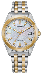 Ladies Citizen Watch EO1224-54D. This watch is shown in a two-tone stainless steel case and band and a mother of pearl dial with a date window. Features include: Eco-Drive technology, sapphire crystal, and up to 100 meter water resistance. 