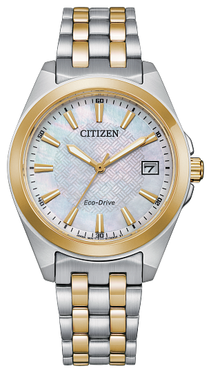 Ladies Citizen Watch EO1224-54D. This watch is shown in a two-tone stainless steel case and band and a mother of pearl dial with a date window. Features include: Eco-Drive technology, sapphire crystal, and up to 100 meter water resistance. 