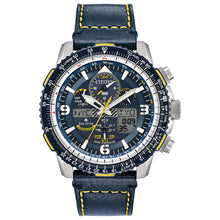 Load image into Gallery viewer, Gents Citizen Watch JY8078-01L. This Promaster Blue Angels Skyhawk model is shown in a stainless steel case, a blue leather strap with yellow stitching, and a blue dial and bezel with yellow accent. Features include: Eco-Drive technology, caseback insignia, and water resistance up to 200 meters.
