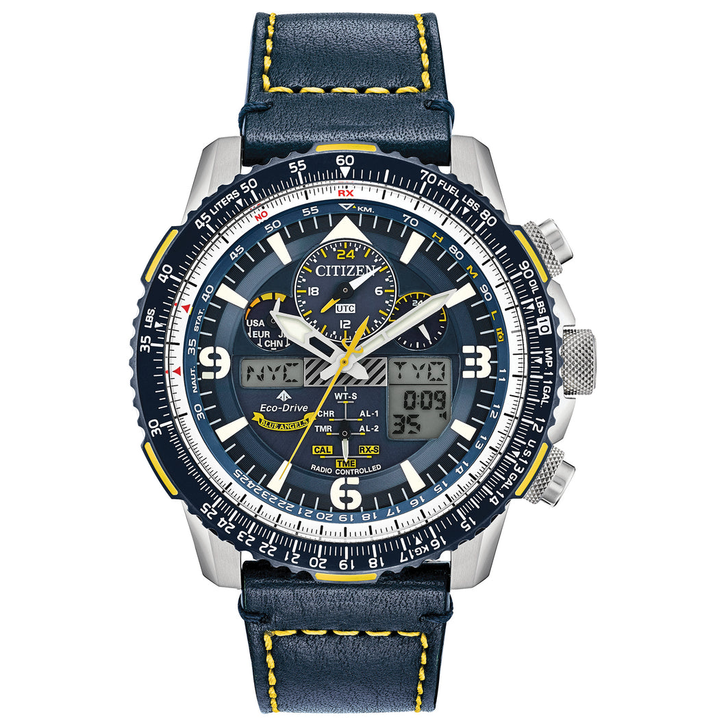 Gents Citizen Watch JY8078-01L. This Promaster Blue Angels Skyhawk model is shown in a stainless steel case, a blue leather strap with yellow stitching, and a blue dial and bezel with yellow accent. Features include: Eco-Drive technology, caseback insignia, and water resistance up to 200 meters.