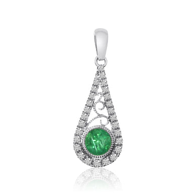 14 karat white gold precious emerald and diamond drop pendant with a 14 karat white gold 18