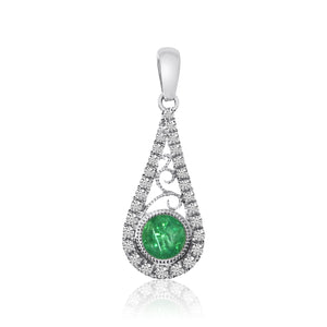 14 karat white gold precious emerald and diamond drop pendant with a 14 karat white gold 18" box chain.