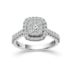 10 karat white gold one carat total weight cushion shaped diamond ring containing  fifty one round brilliant cut diamonds of G / H color and I1 / I2 clarity.