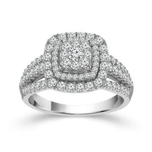 Load image into Gallery viewer, 10 karat white gold one carat total weight cushion shaped diamond engagement ring containing ninety-three round brilliant cut diamonds of G / H color and I1 / I2. 
