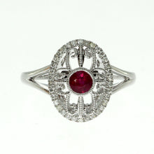 Load image into Gallery viewer,  14 karat white gold ruby and diamond oval filigree ring containing one 0.36ct round ruby and 0.17cttw round diamonds.
