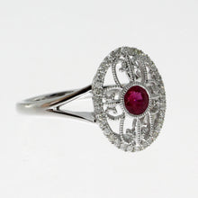 Load image into Gallery viewer,  14 karat white gold ruby and diamond oval filigree ring containing one 0.36ct round ruby and 0.17cttw round diamonds.
